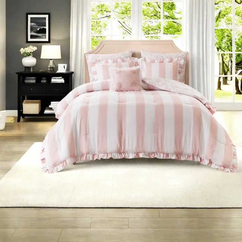 Ensemble de literie complet/queen, couette rose en microfibre à volants et à motifs floraux