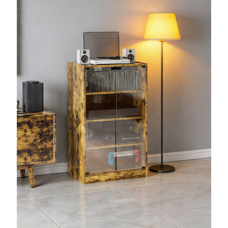 Rustic Brown 4-Tier Media Cabinet With Vinyl Storage, Adjustable Shelves, Tempered Glass Doors, Brown