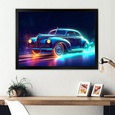 «Neon Light Strips Around Indigo Vintage Car», art mural sur toile rétro