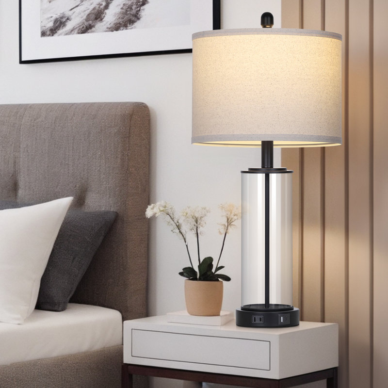 26” Modern Glass Touch Control Table Lamps with Dual USB Ports, Black/Clear, Beige