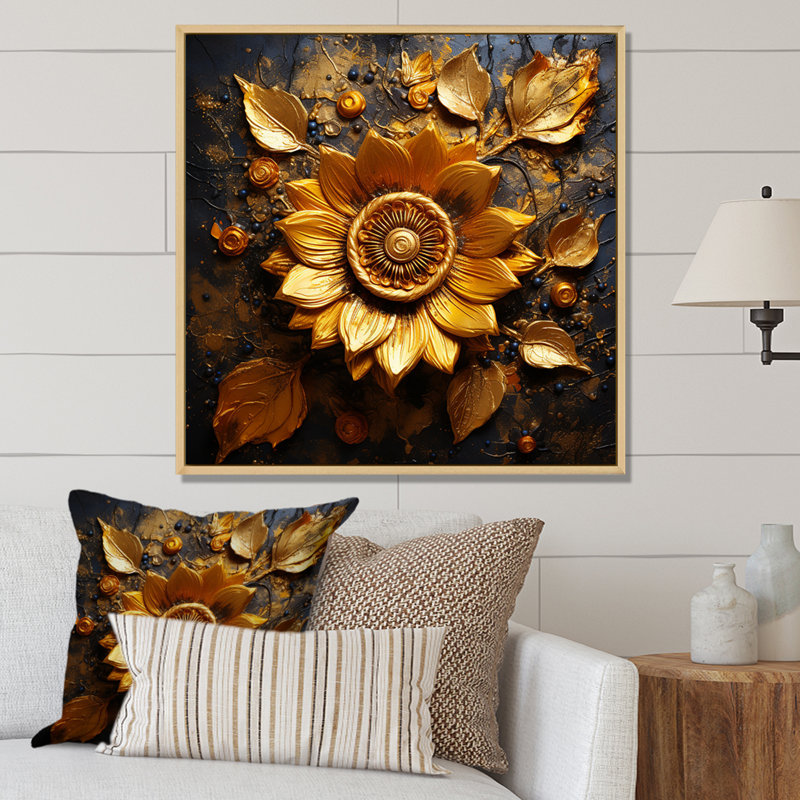 Abstrait doré tournesol glamour I - reproduction, H 16 po x l 16 po x P 1 po, Cadre naturel flottant