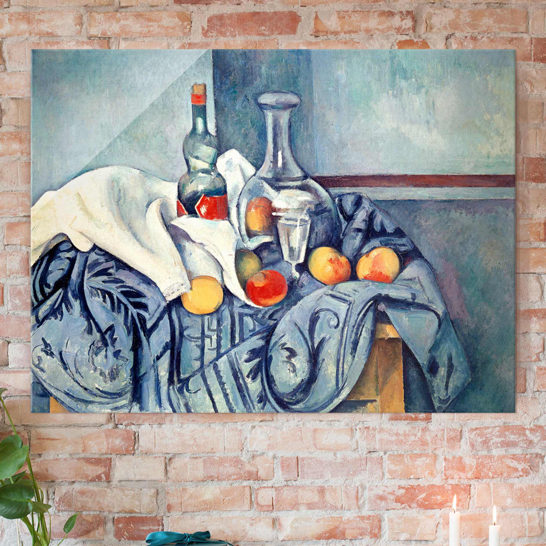 Glasbild Stillleben mit Pfirsichen und Flaschen von Paul Cezanne