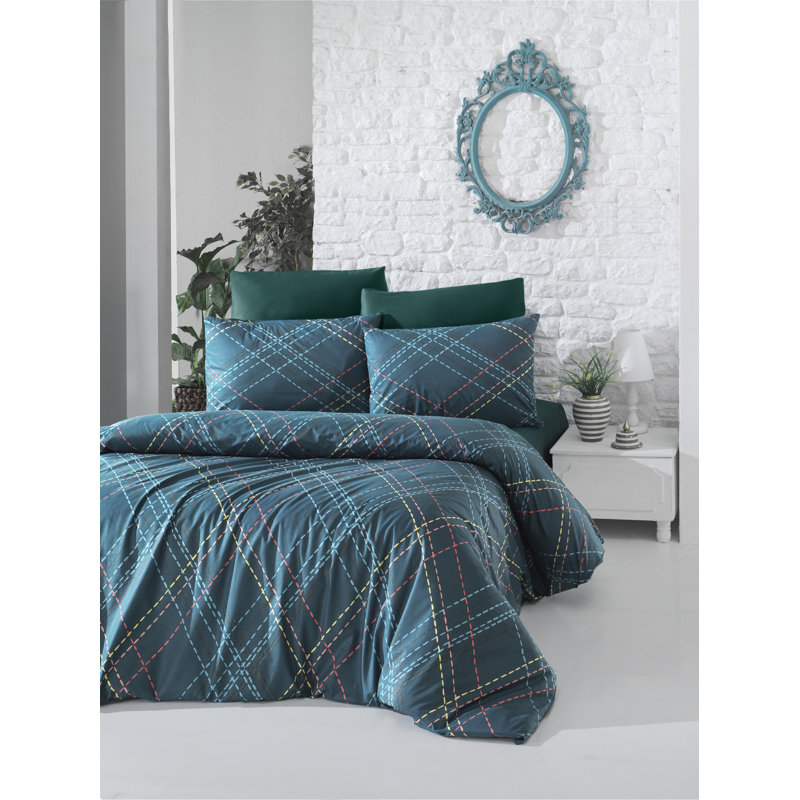 Ensemble de housse de couette 100% coton Tyrion, Bleu, Housse de couette 94 po x 87 po + 2 taies d'oreill