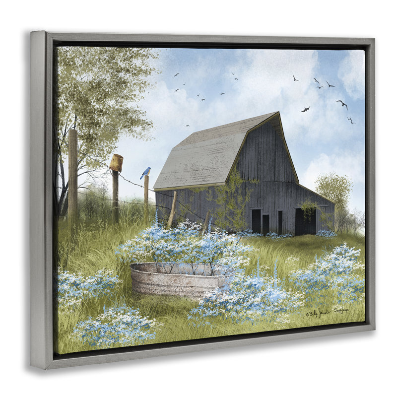 "Blue Floral Country Garden", art mural sur toile flottante par Billy Jacobs, H 17 po x l 21 po, Cadre flottant gris lustré