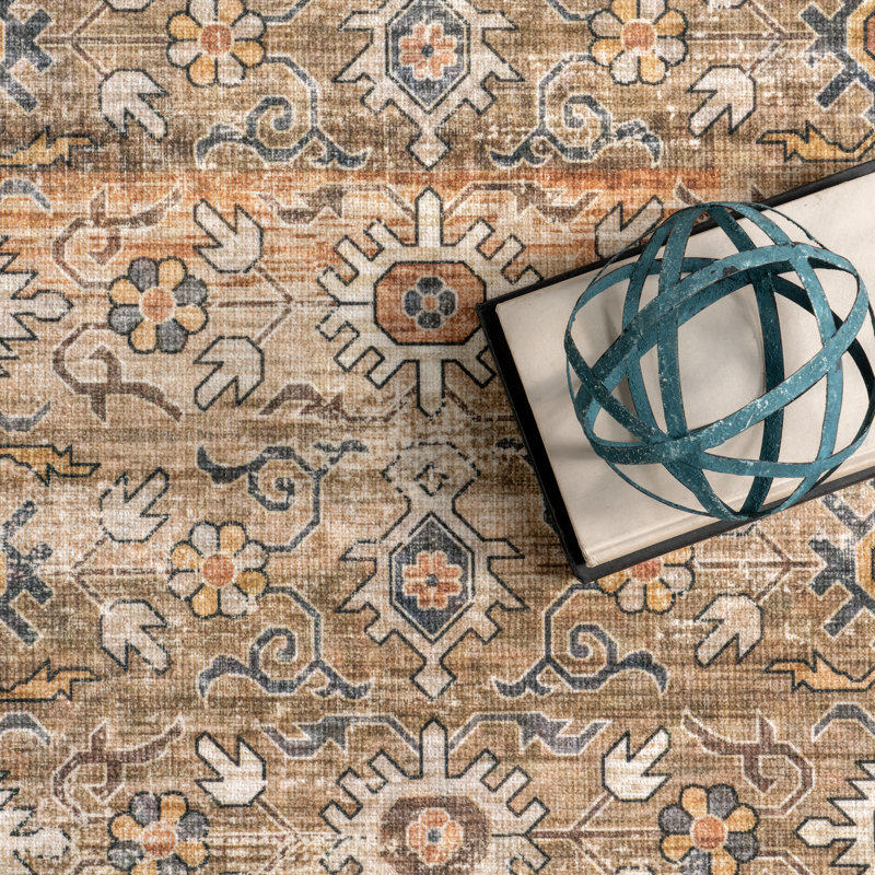 Myrtle Vintage Machine Washable Beige/Brown/Black Area Rug, Runner 2'6" x 10'