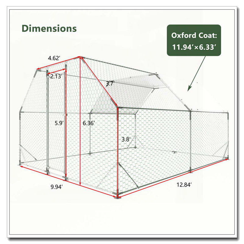 Poulailler 10 pi x 13 pi en métal galvanisé, H 76,32 po x l 119,28 po x P 154,08 po