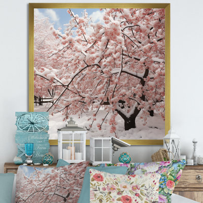 Hiver neige sur arbre de fleurs de cerisier roses - Art mural fleur de cerisier