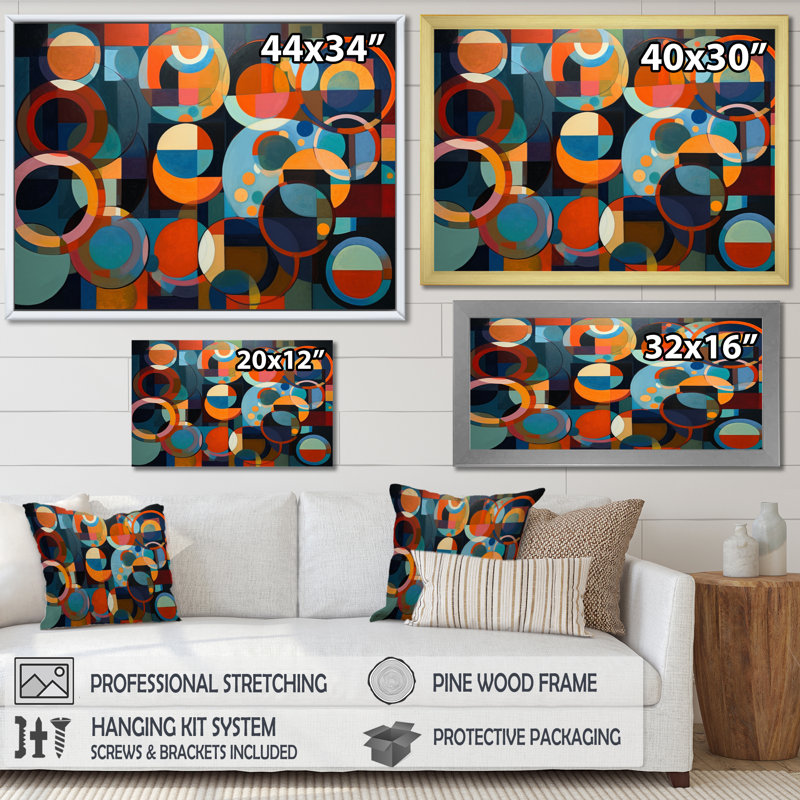 Impression sur toile encadrée "Orange Blue Geometrie Unleashed I - Abstract Shapes", 16" H x 32" W, Cadre flottant noir