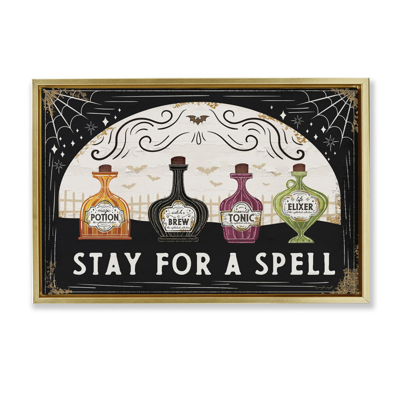 Art mural sur toile Stay For A Spell Floater, design par Jennifer Pugh, H 21 po x l 31 po, Cadre flottant métallique doré