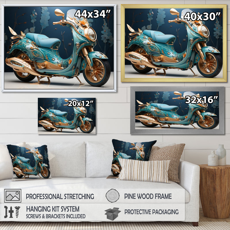 Turquoise, or, scooter personnalisé, croiseur sur toile I, H 16 po x l 32 po x P 1 po, Toile tendue