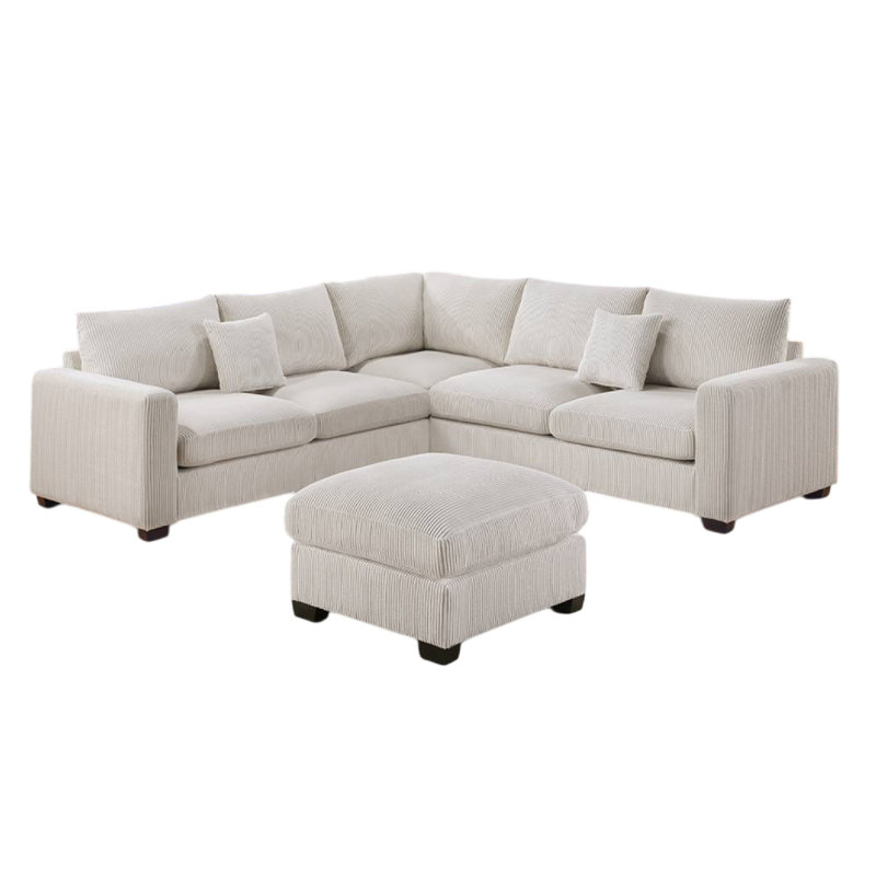 Rey 4Pc L Sectional Sofa Set, 2 Accent Pillows, Corduroy Fabric, Ivory Corduroy