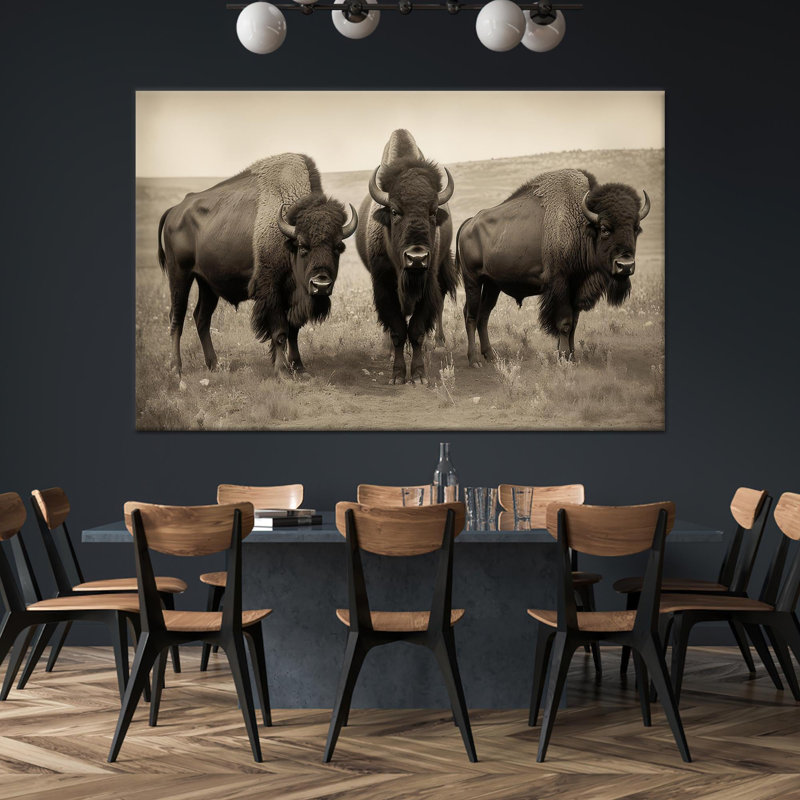Élégante reproduction d'art sur toile en verre Bison pour Modern Man Cave, toile tendue 1P, 43,3 po H x 98,4 po l