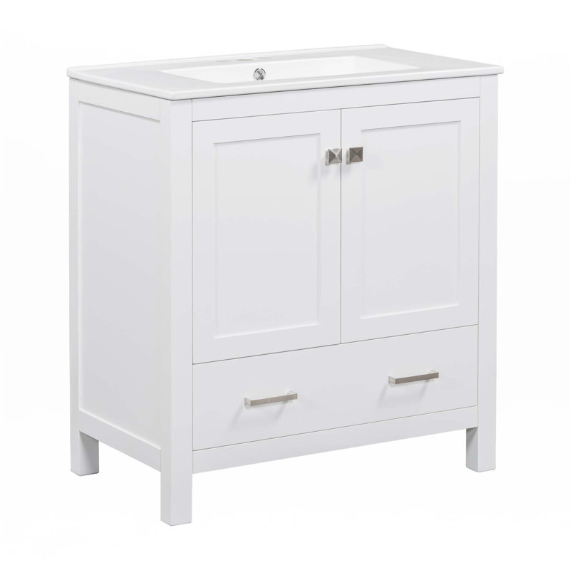 30" Bathroom Vanity With Single Sink, White, Silver