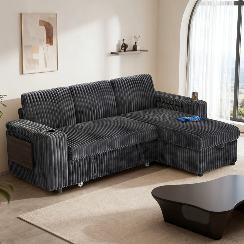 Canapé-lit de 85 pouces à 3 places avec dossier réglable, table basse pliable, porte-gobelets, ports USB et de type C, poches de rangement, parfait pour la maison, l'hôtel, un appartement et un dortoir
