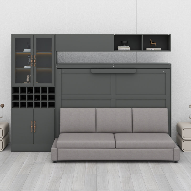 Lit escamotable mural avec canapé, tablettes USB et lumière Murphy, Gris