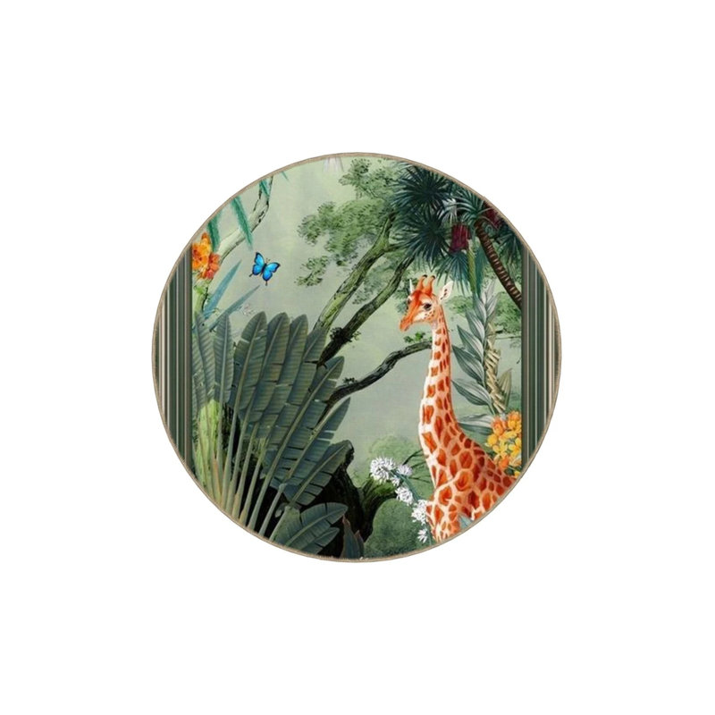 Wild Forest Themed Giraffe And Parrot Patterned Modern Decorative Carpet, Rectangle 5' x 9'11"