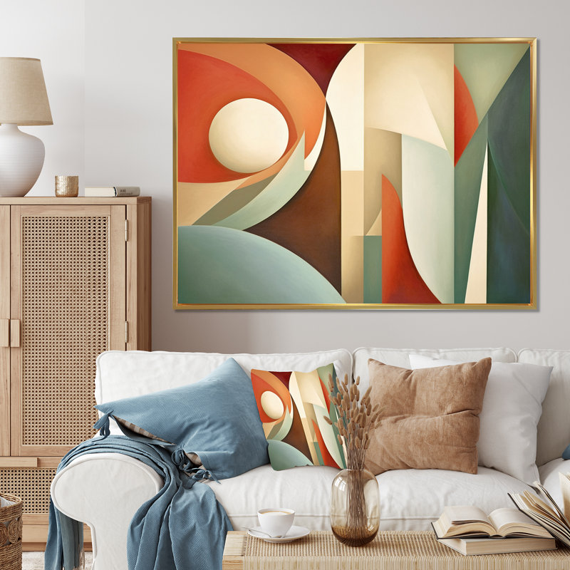 Visions symétriques orange et vertes - formes abstraites, art mural, H 16 po x l 32 po x P 1 po, Cadre flottant doré