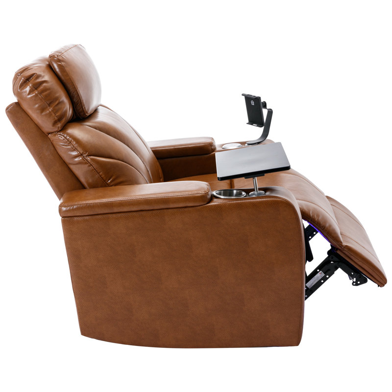 Leaon Faux Leather Power Reclining Home Theater Seat with Cup Holder, Light Brown Faux Leather