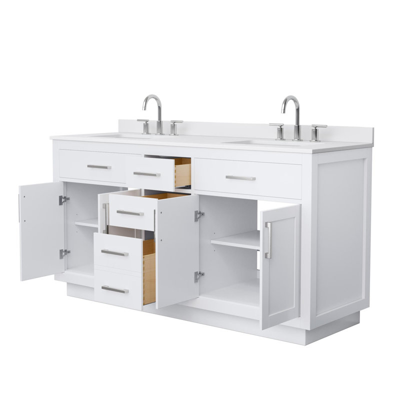 Meuble-lavabo double de 66 po Beckett, blanc, Blanc, Noir mat, Marbre de culture blanc