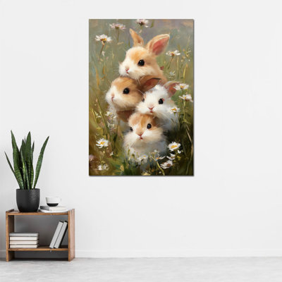 Art mural en toile de lapin de Pâques de Timuba - photos printanières pour décoration murale avec lapins, impressions de lapins de prairie floraux pour la décoration intérieure, cadre en toile de pin tendue, 24 po x 36 po