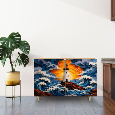Sideboard Buffet Cabinet with Storage Lighthouse Rocky Cliff Surrounded by Dramatic Waves Sunset Sky Cutout with 2 Doors for Living Room and Kitchen