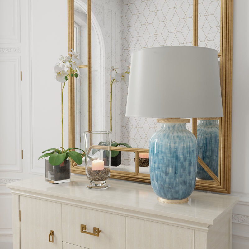 Veranda Blue Ceramic Table Lamp with White Paper Shade