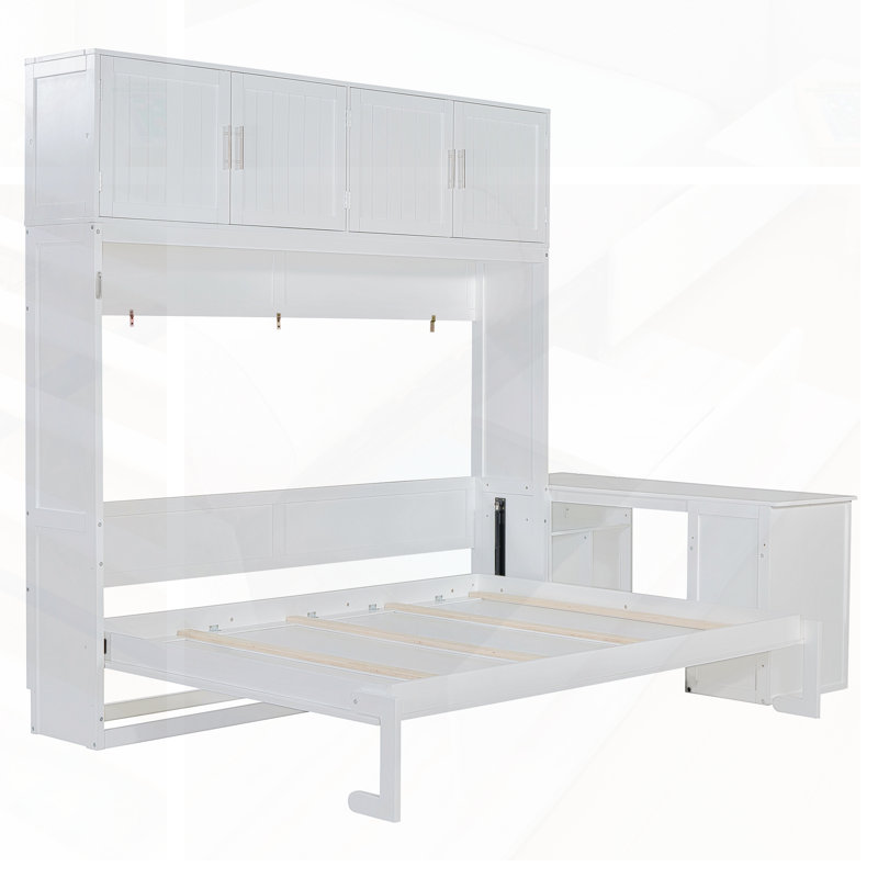 Grand lit escamotable mural avec bureau, tablettes de rangement et grandes armoires pour une utilisation polyvalente et peu encombrante