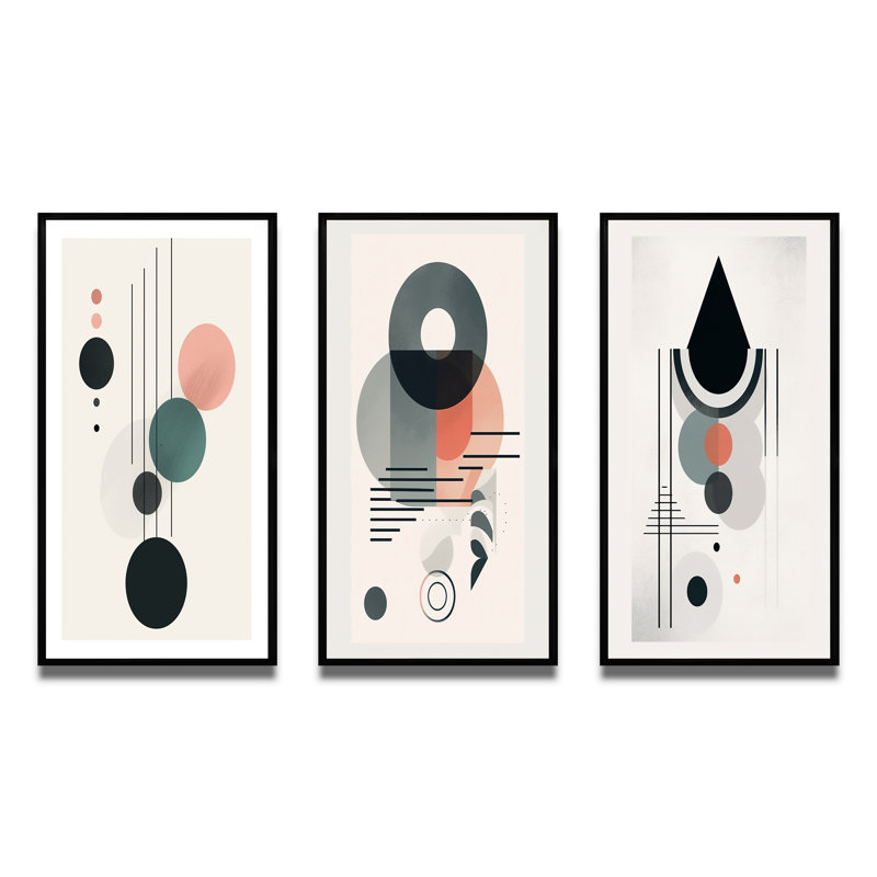 «Pure Lunar Imagination Geometric Minimalisme IV», ensemble de 3 impressions, Cadre noir, H 40 po x l 60 po