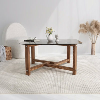 Modern Coffee Table, Oak Finish, 31.5 x 15.7 x 31.5 inches | 100% Tempered Glass Top, 0.24 inches Thick | Solid Pine Wood Frame | Stylish & Durable Design for Living Room, Sleek & Contemporary Aesthetic