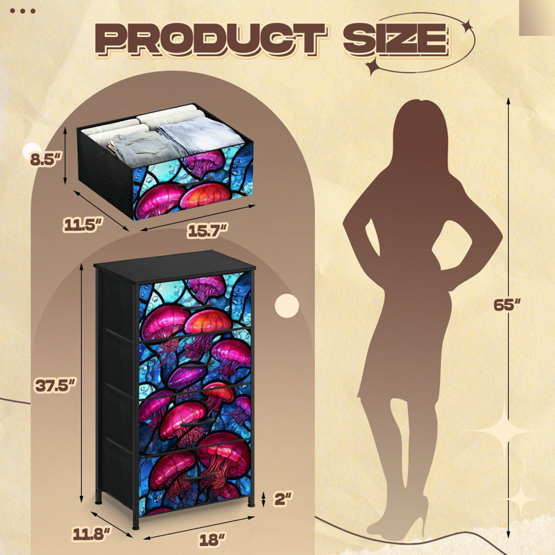 Stained Glass Style Dresser for Bedroom with 4 Storage Drawers Jellyfish Dressers Chest of Drawers Steel Framed Fabric Closet Organizers for Dorm Entryway