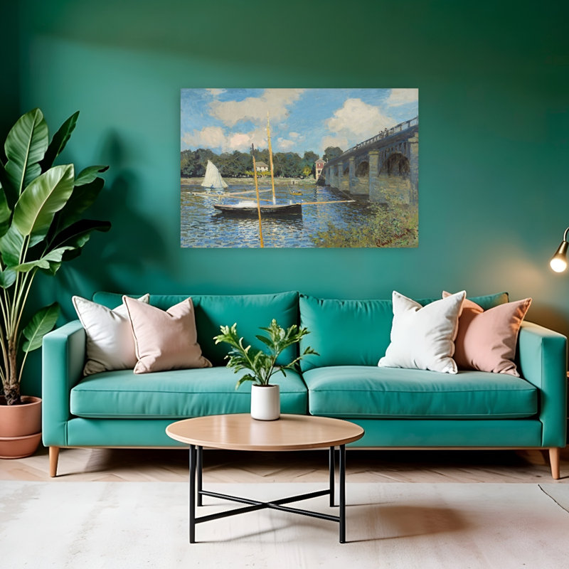 «The Bridge At Argenteuil», impression impressionniste classique de paysage côtier, H 32 po x l 48 po