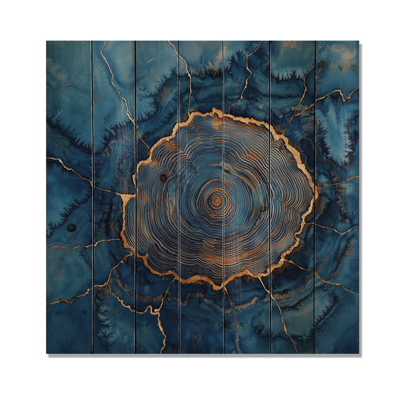 Golden Dark Sapphire Wood Slide Veins V - Forest Wood Wall Art - On Natural Pine Wood, 25" H x 25" W x 0.78" D