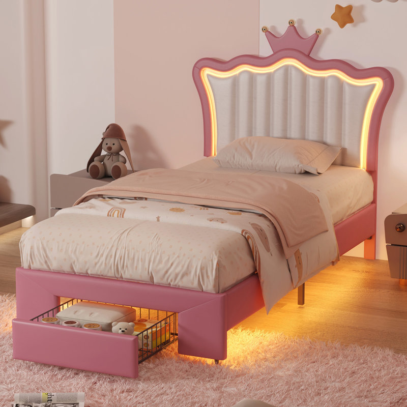 Twin-Size Bed, Princess-Style Upholstered Bed Frame, Crown Headboard With LED Light And Adjustable Storage Drawers, No Spring Mattress Required