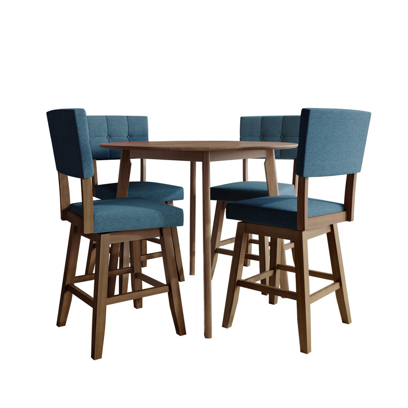 5-Piece Counter-Height Round Dining Set with Tufted Swivel Chairs, Blue, Blue