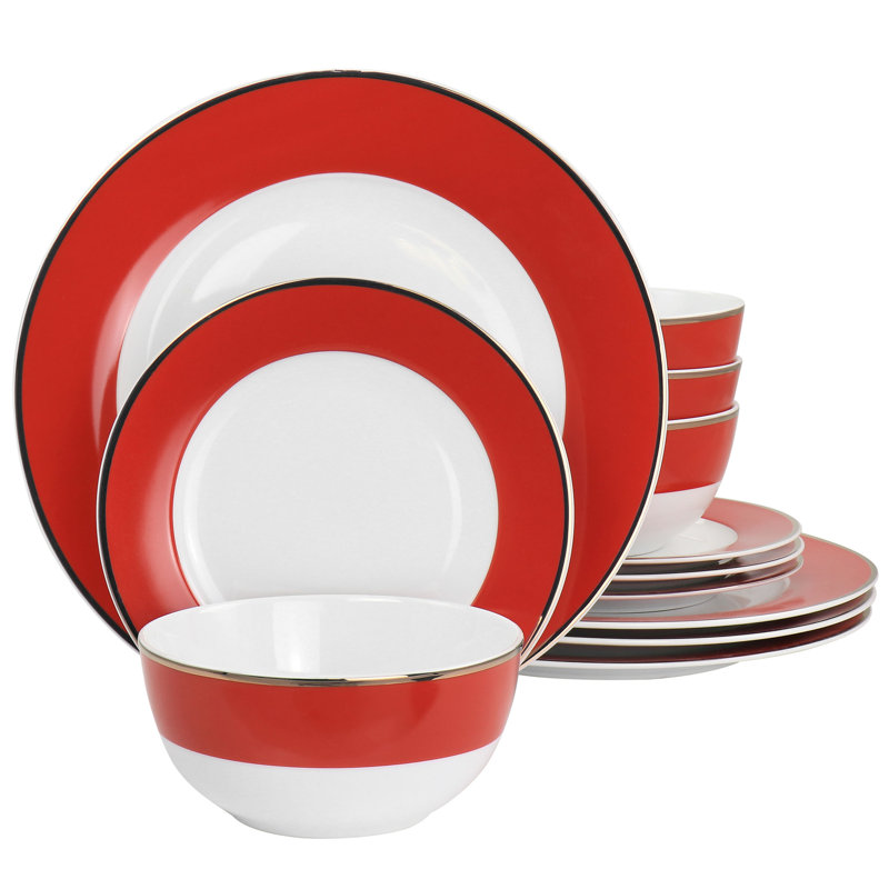 Red and Gold Rimmed 12-Piece Ceramic Dinnerware Set