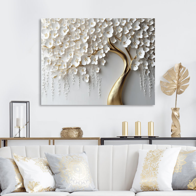 Orchidée blanche et dorée, jardin de branches IV - impression d'art mural floral (sans texture), H 16 po x l 32 po, No Frame