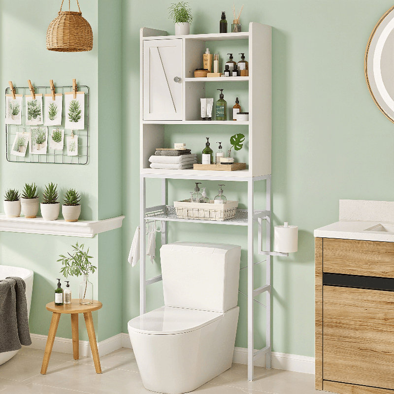 Armoire de rangement au-dessus de la toilette, armoire de rangement au-dessus de la toilette peu encombrante, organisateur de salle de bain autoportant avec tablette réglable, crochet en papier, organisateur de salle de bain moderne pour salle de bain, salle de lavage