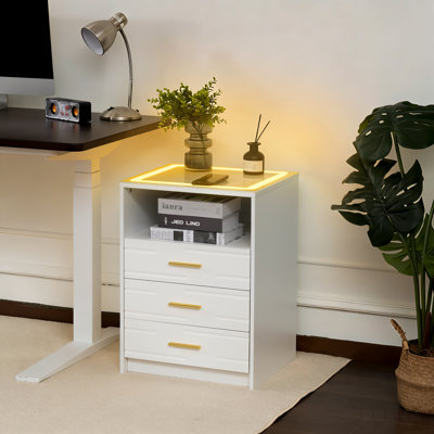 Table de chevet avec station de charge et 3 tiroirs, lumières DEL 