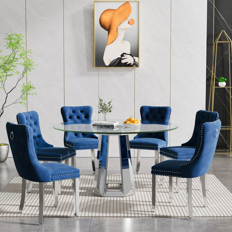 Round Dining Table Set, 47.24" Glass Dining Table with Velvet Dining Chairs, Clear Circle Kitchen Table Set, Dining Room Table and Chairs Set