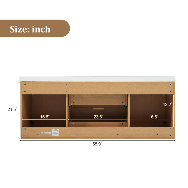 59.3" Wall-Mounted Double Sink Bathroom Vanity With  Resin Countertop, Soft-Close Storage With Pre-Drilled Faucet Holes