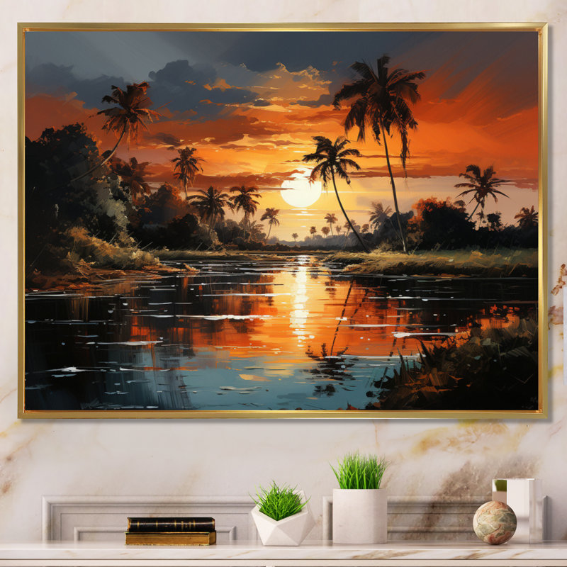 Dominicain Sunset Reflections - reproduction sur toile, H 24 po x l 32 po x P 1 po, Cadre flottant doré