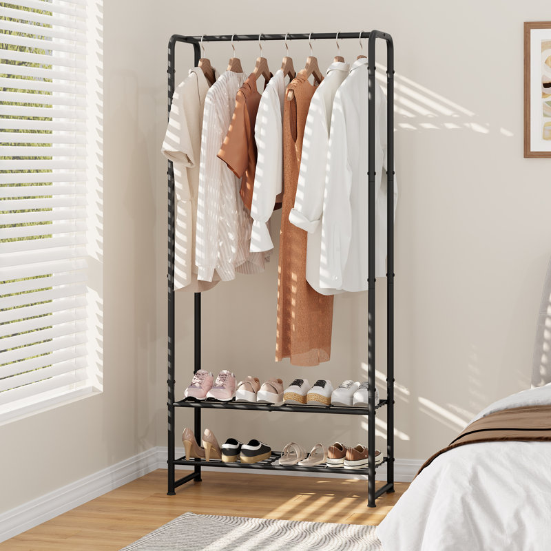 2-in-1 Freestanding Clothes Rack with Hanging Bar and 2 Storage Shelves, Metal Garment Rack for Bedroom, Closet & Entryway, Black
