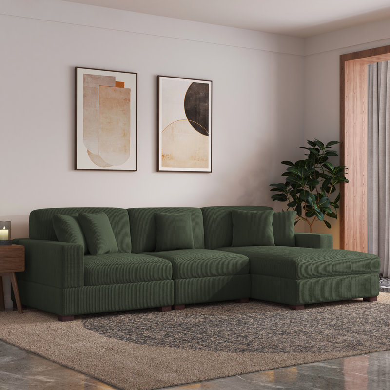 Milbrey 3-Piece Corduroy Modular Sectional with Loose Back, Right Hand Facing, Green Corduroy