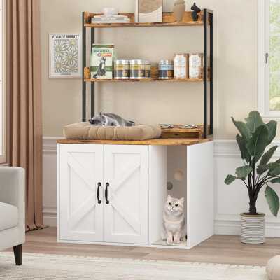 Modern Cat Litter Box Enclosure - Hidden Wooden Cat House with 2 Storage Shelves & Built-in Power Outlets - Indoor Cat Washroom Furniture for Living Room or Entryway, White + Fiery Sunset Color