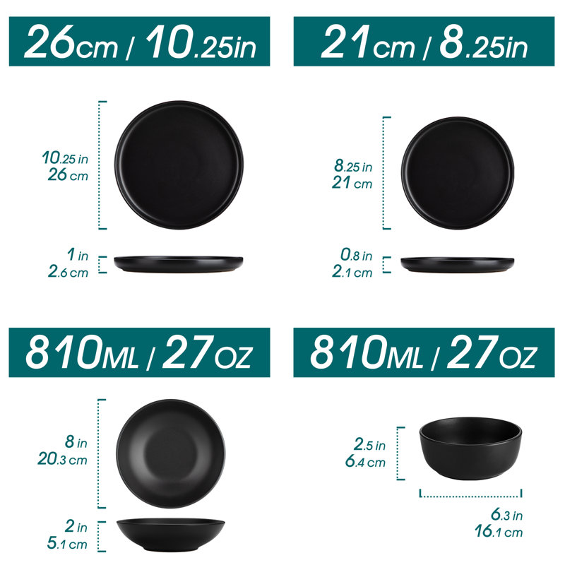 Service de table en porcelaine 16 pièces PLA, service pour 4, Noir
