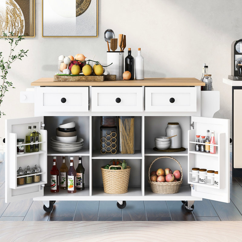 White Kitchen Island With Adjustable Shelves, Drop Countertop & 5 Rolling Wheels Stylish Shelves And Towel Holder, White