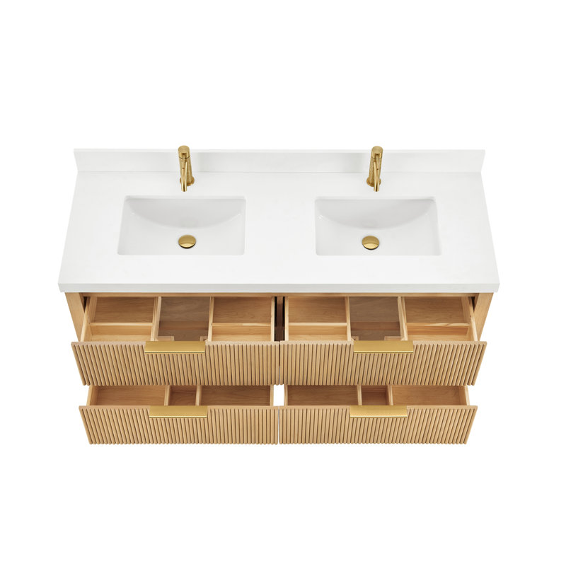Meuble-lavabo double flottant 60 po en cendre délavé avec plateau en quartz blanc Barcelona, Gris cendré délavé / or brossé