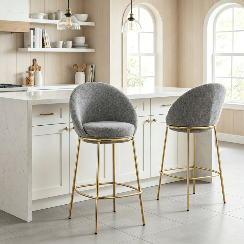 Tabouret de bar rembourré, structure plaquée or, ensemble de 2, Gris