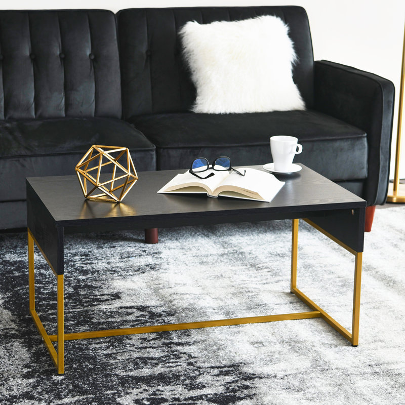 Avak Wrap Rectangular Coffee Table Wood Grain and Metal, Black Top/Gold Base