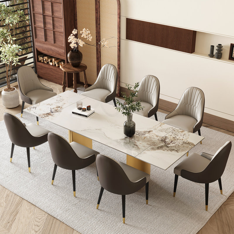 Sammie 9 - Piece 94.48'' Extendable Sintered Stone Dining Table with 8 Leather Chairs Dining Set, Chanel, Gold